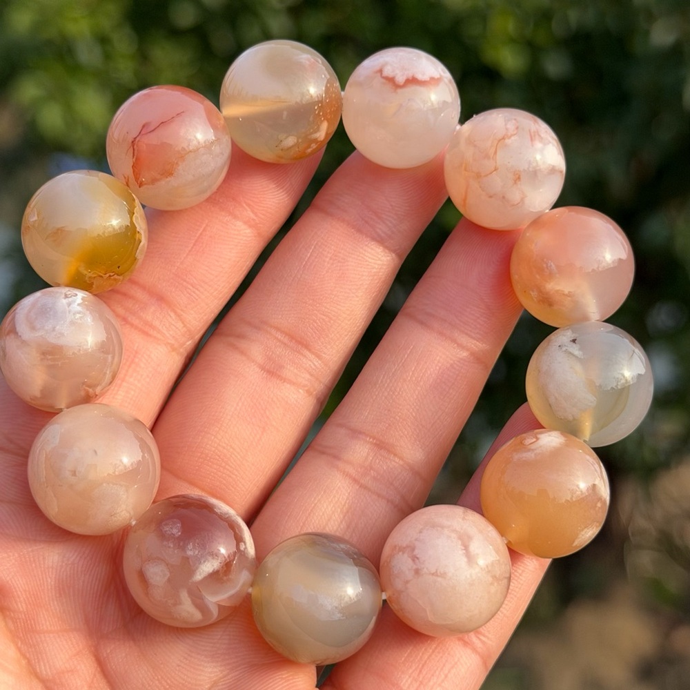 16mm‎ chunky stretchable high quality flower agate bracelet 1109